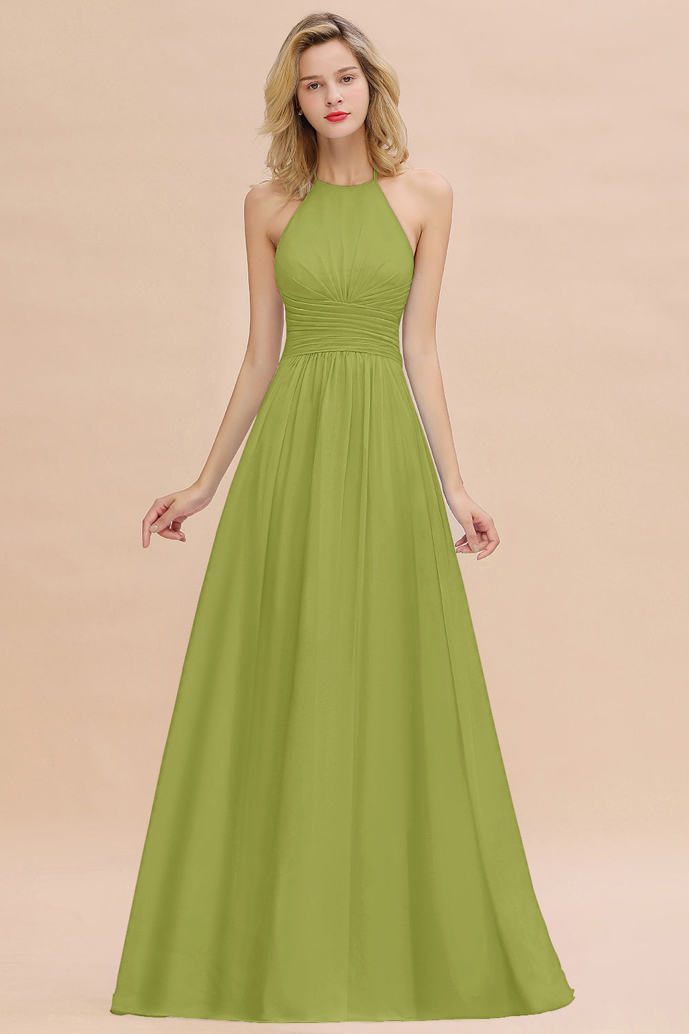 Glamorous Halter Backless Long Affordable Bridesmaid dresses with Ruffle