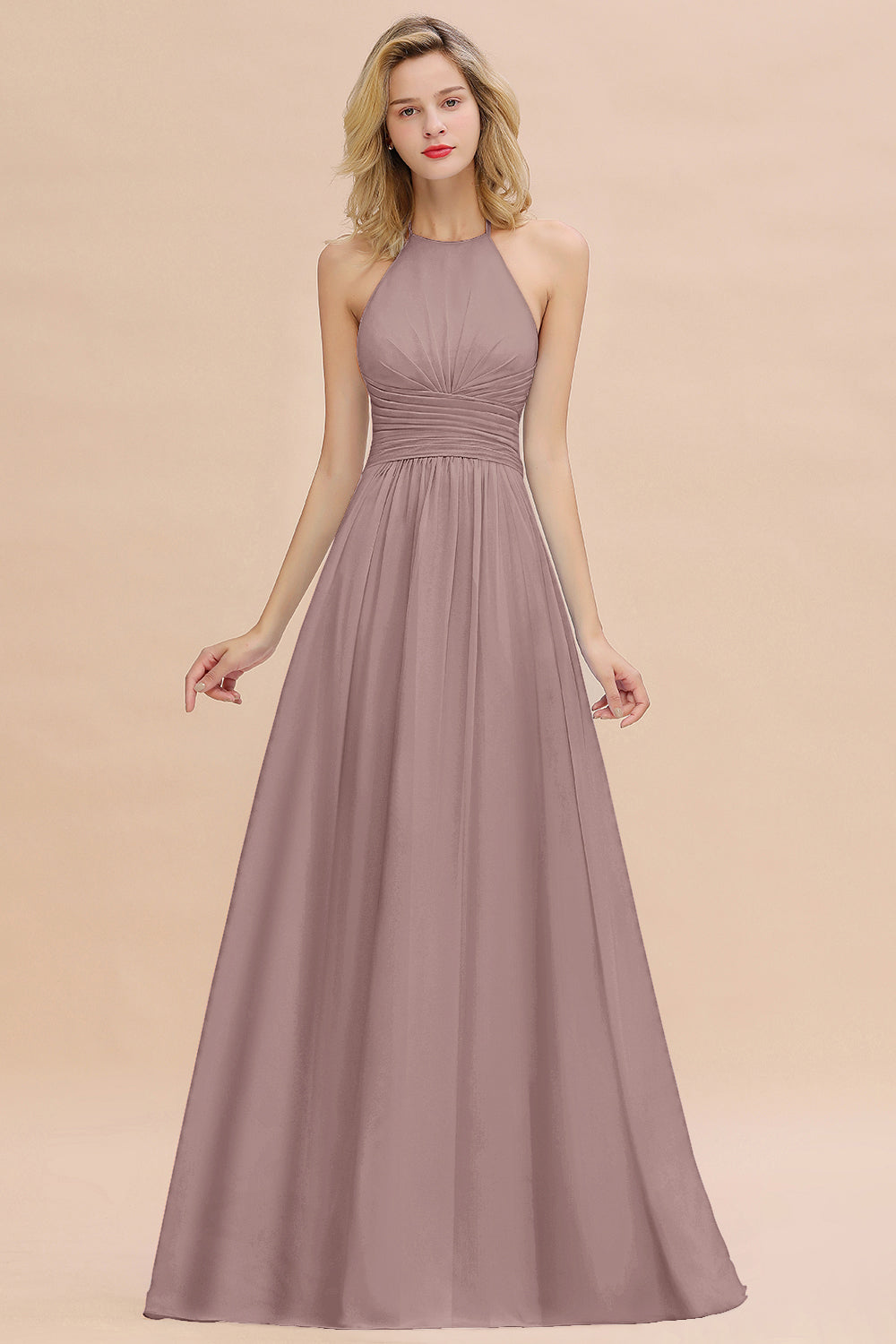 Glamorous Halter Backless Long Affordable Bridesmaid dresses with Ruffle