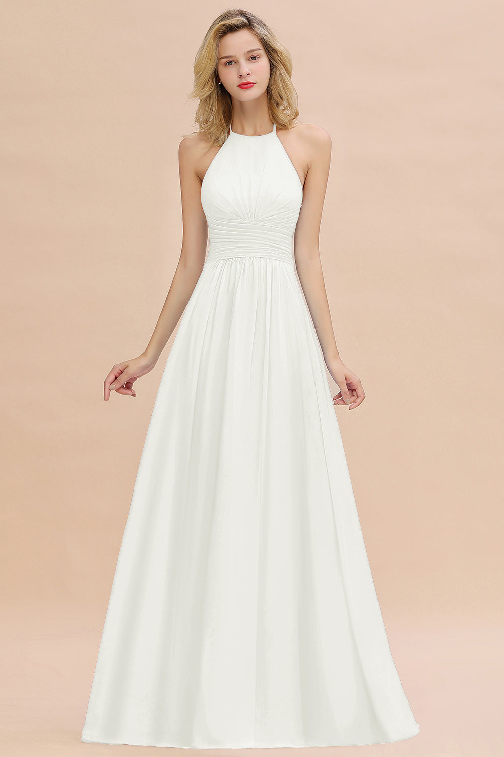 Glamorous Halter Backless Long Affordable Bridesmaid dresses with Ruffle