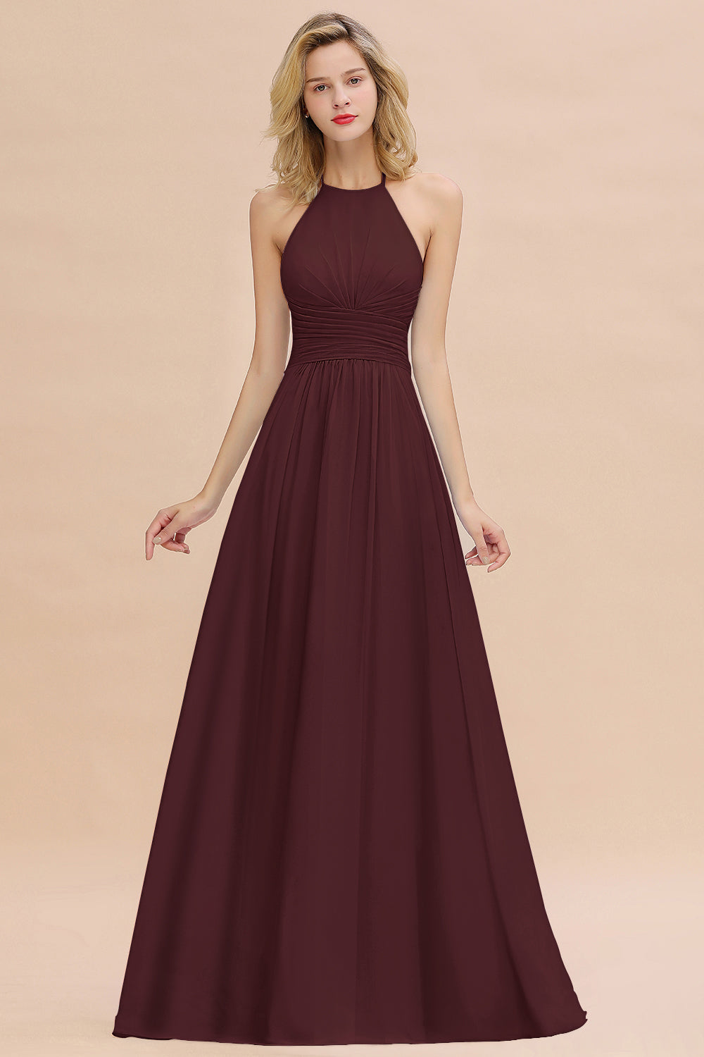 Glamorous Halter Backless Long Affordable Bridesmaid dresses with Ruffle