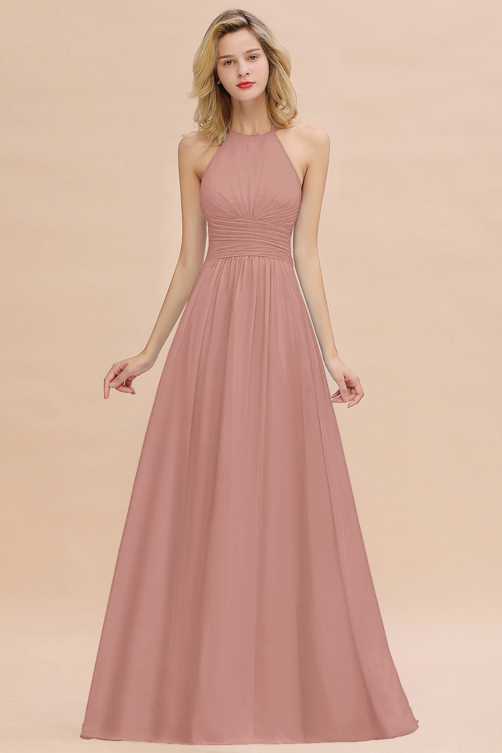 Glamorous Halter Backless Long Affordable Bridesmaid dresses with Ruffle