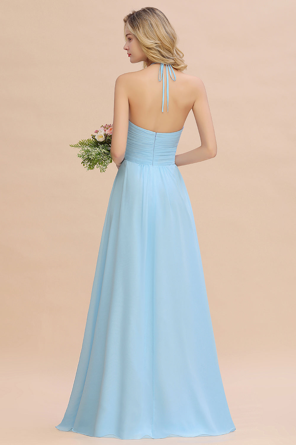 Glamorous Halter Backless Long Affordable Bridesmaid dresses with Ruffle