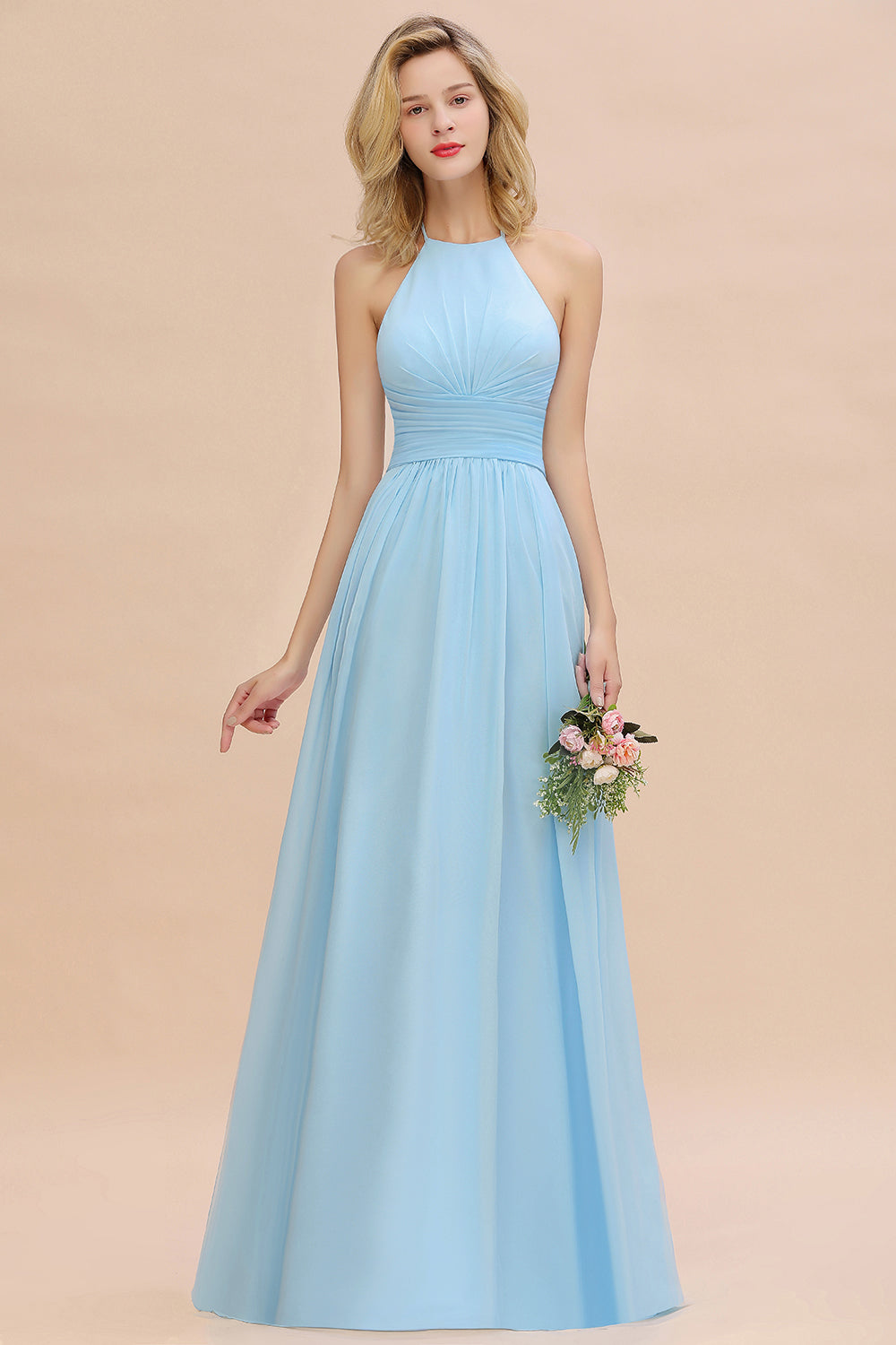 Glamorous Halter Backless Long Affordable Bridesmaid dresses with Ruffle