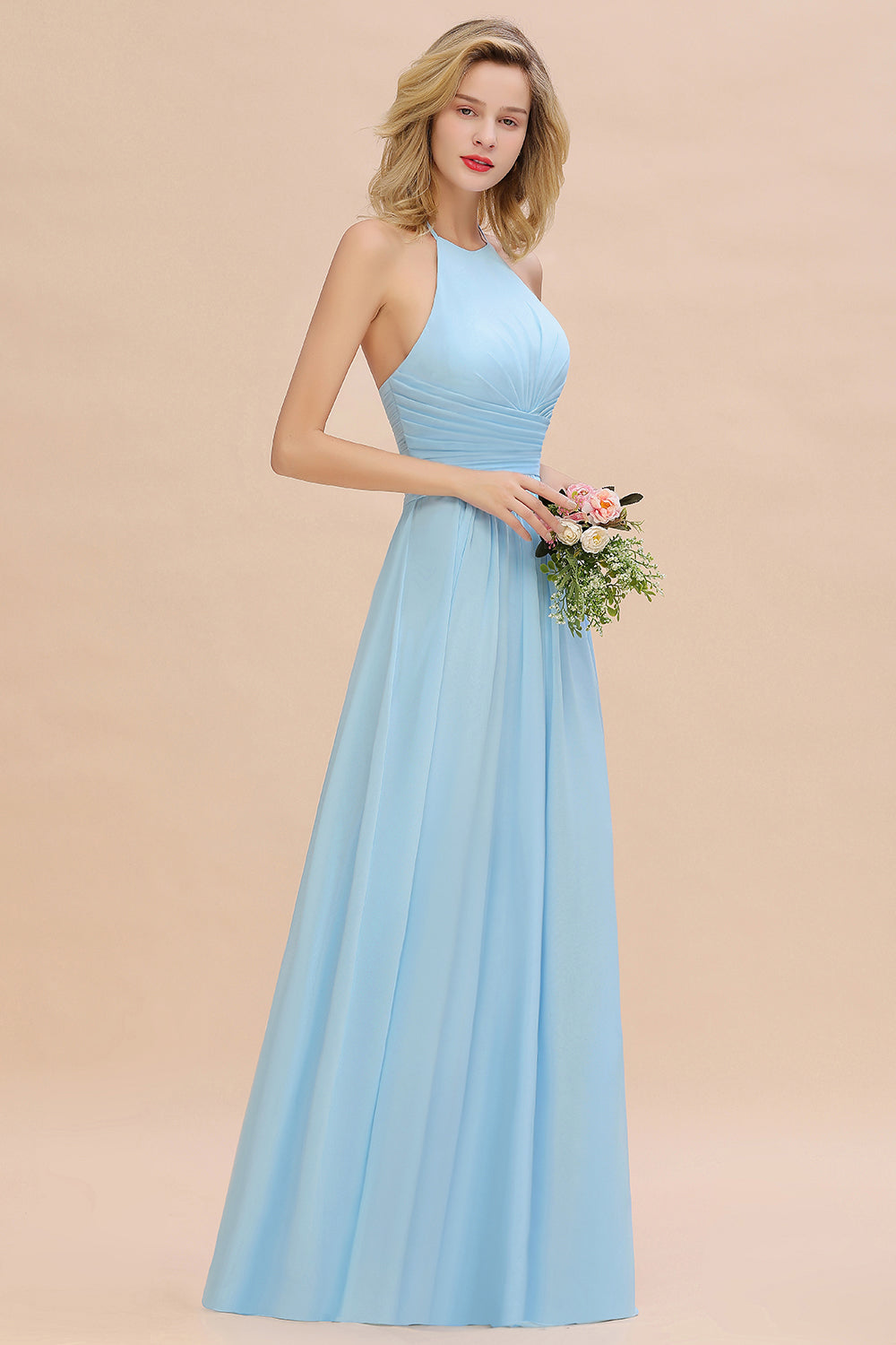 Glamorous Halter Backless Long Affordable Bridesmaid dresses with Ruffle