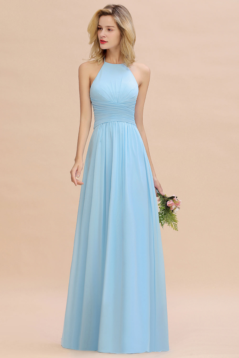 Glamorous Halter Backless Long Affordable Bridesmaid dresses with Ruffle