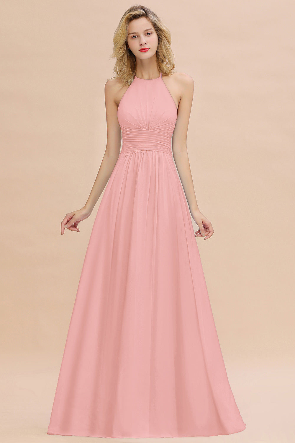 Glamorous Halter Backless Long Affordable Bridesmaid dresses with Ruffle