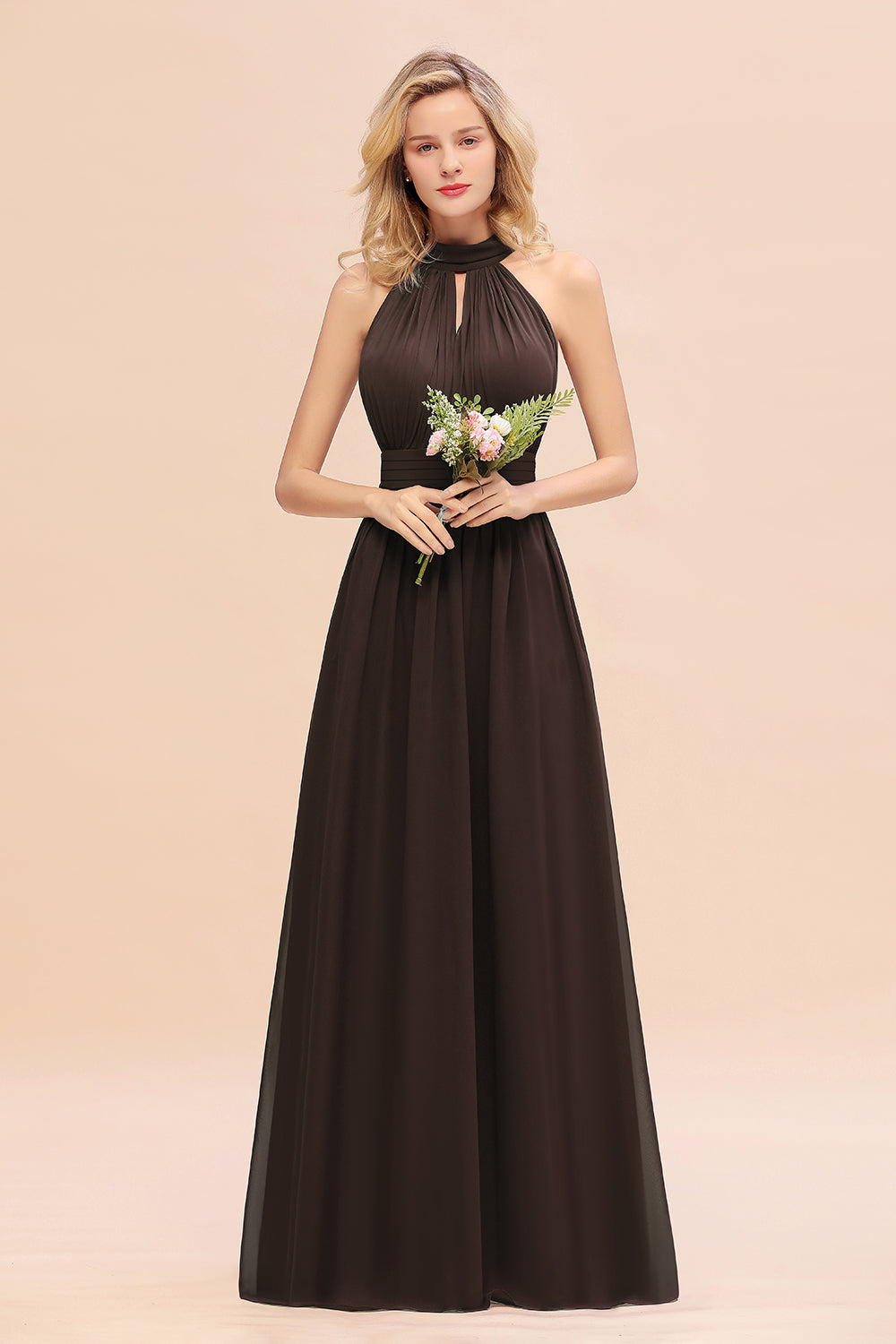 Glamorous High-Neck Halter Bridesmaid Affordable Dresses with Ruffle