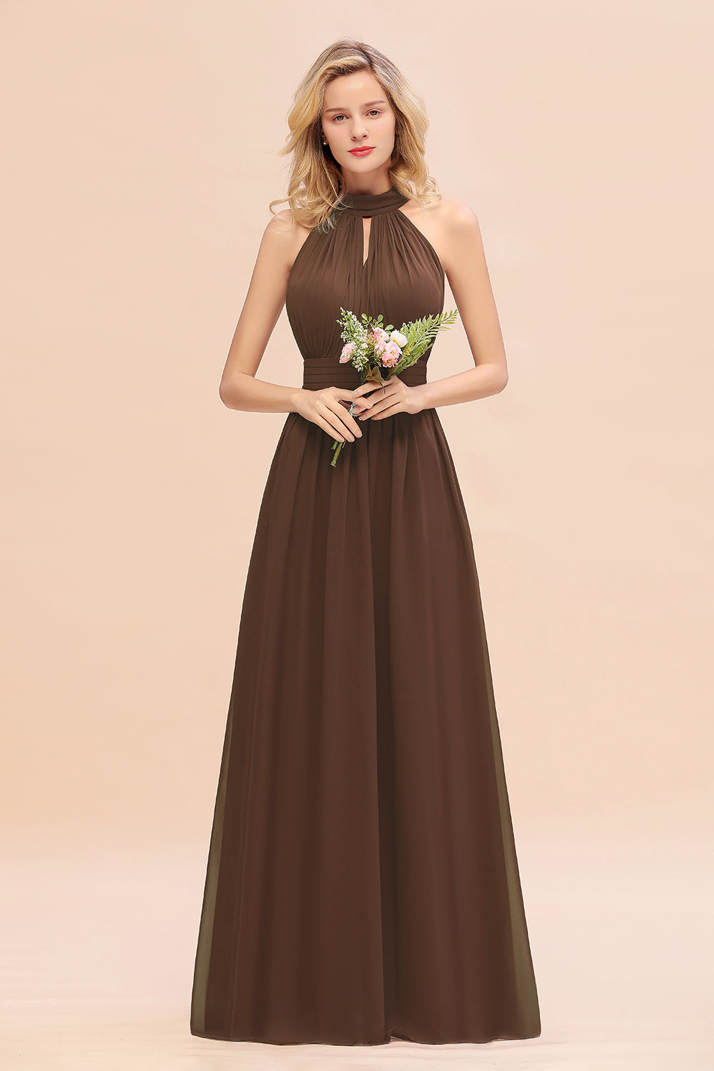 Glamorous High-Neck Halter Bridesmaid Affordable Dresses with Ruffle