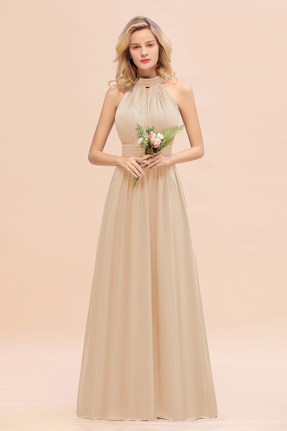 Glamorous High-Neck Halter Bridesmaid Affordable Dresses with Ruffle