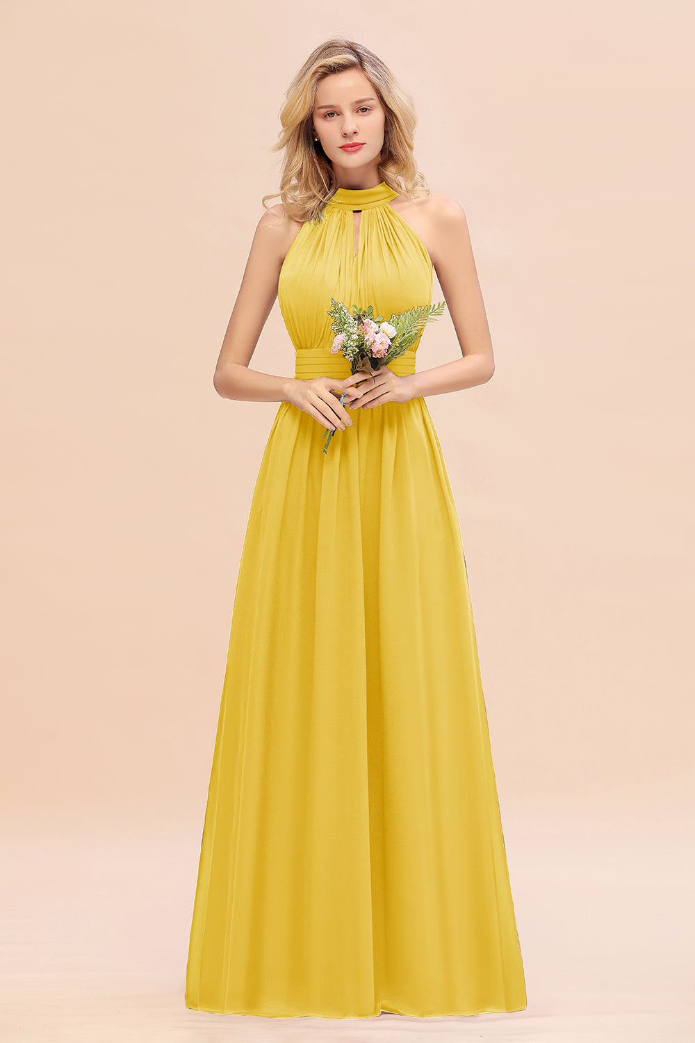 Glamorous High-Neck Halter Bridesmaid Affordable Dresses with Ruffle