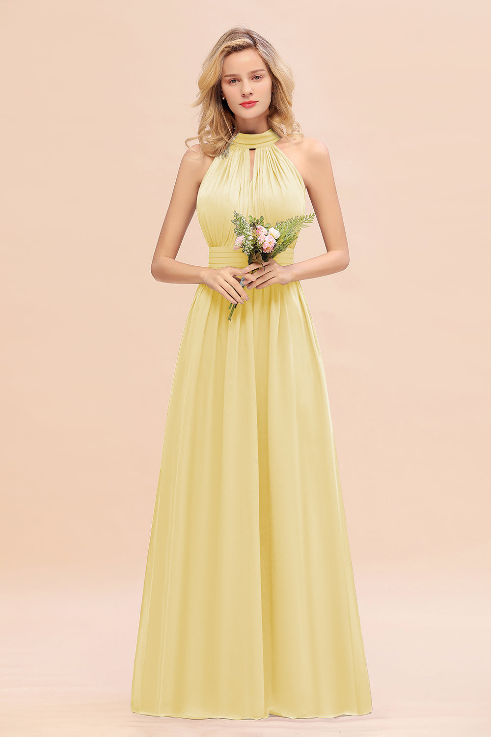 Glamorous High-Neck Halter Bridesmaid Affordable Dresses with Ruffle