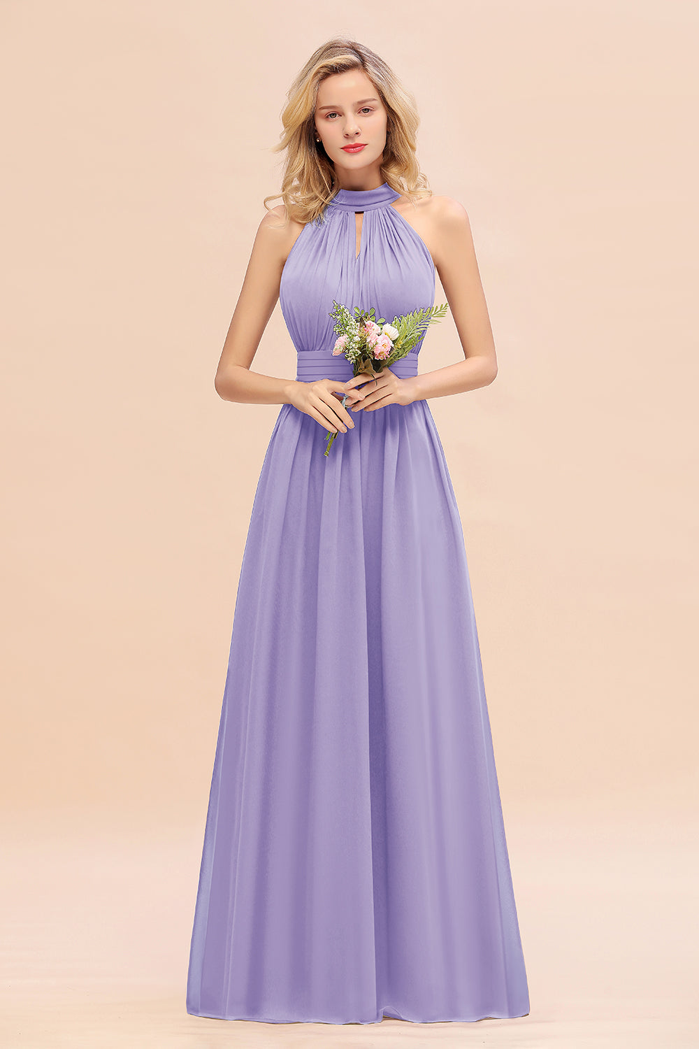 Glamorous High-Neck Halter Bridesmaid Affordable Dresses with Ruffle