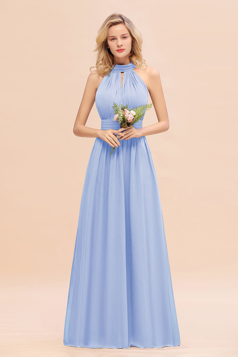 Glamorous High-Neck Halter Bridesmaid Affordable Dresses with Ruffle