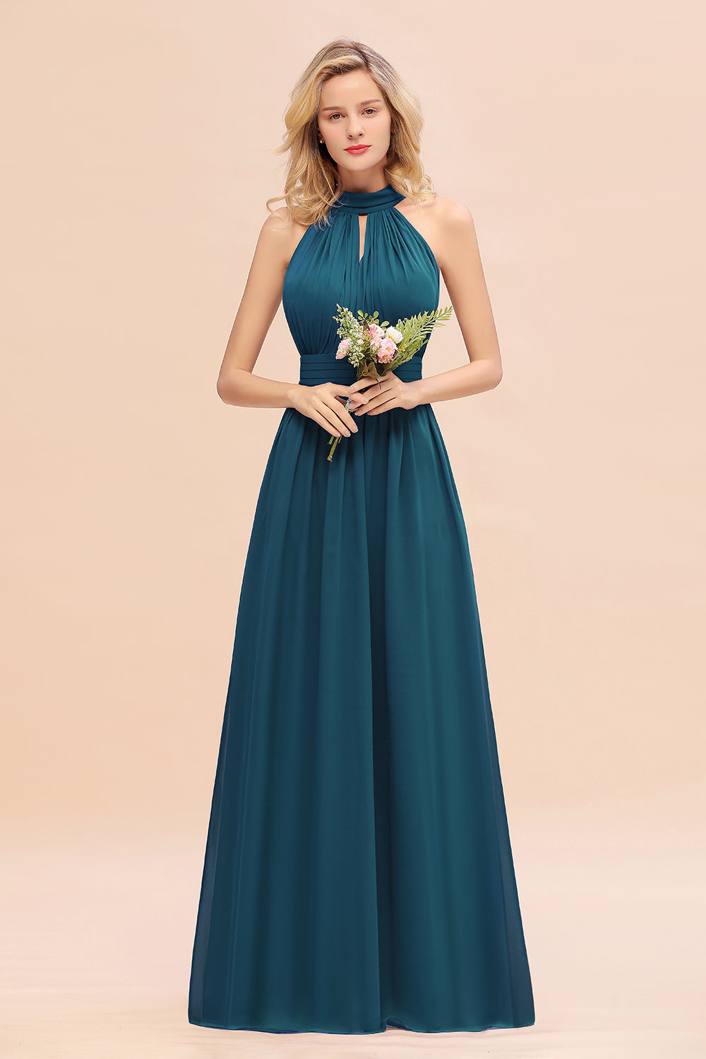 Glamorous High-Neck Halter Bridesmaid Affordable Dresses with Ruffle