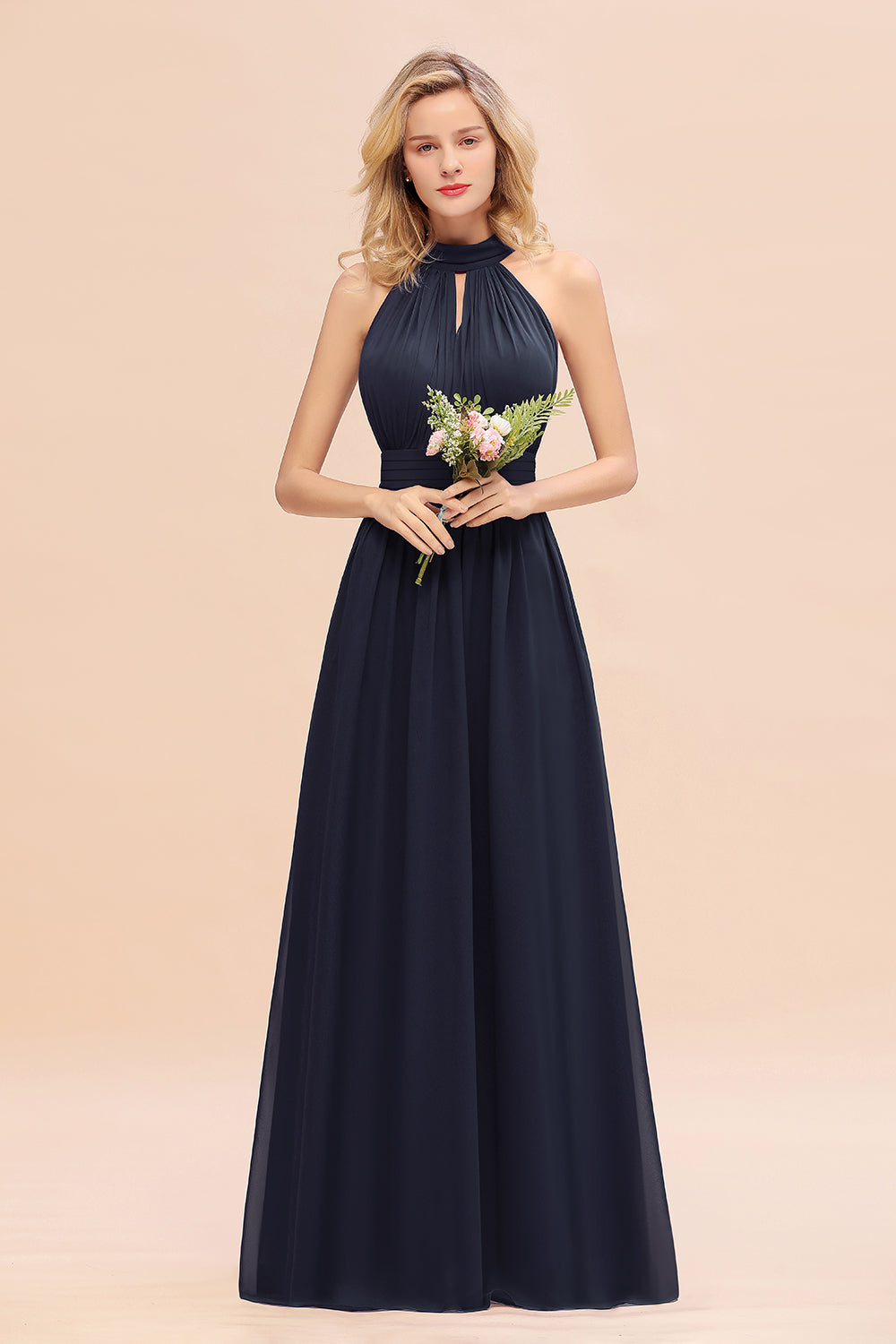 Glamorous High-Neck Halter Bridesmaid Affordable Dresses with Ruffle