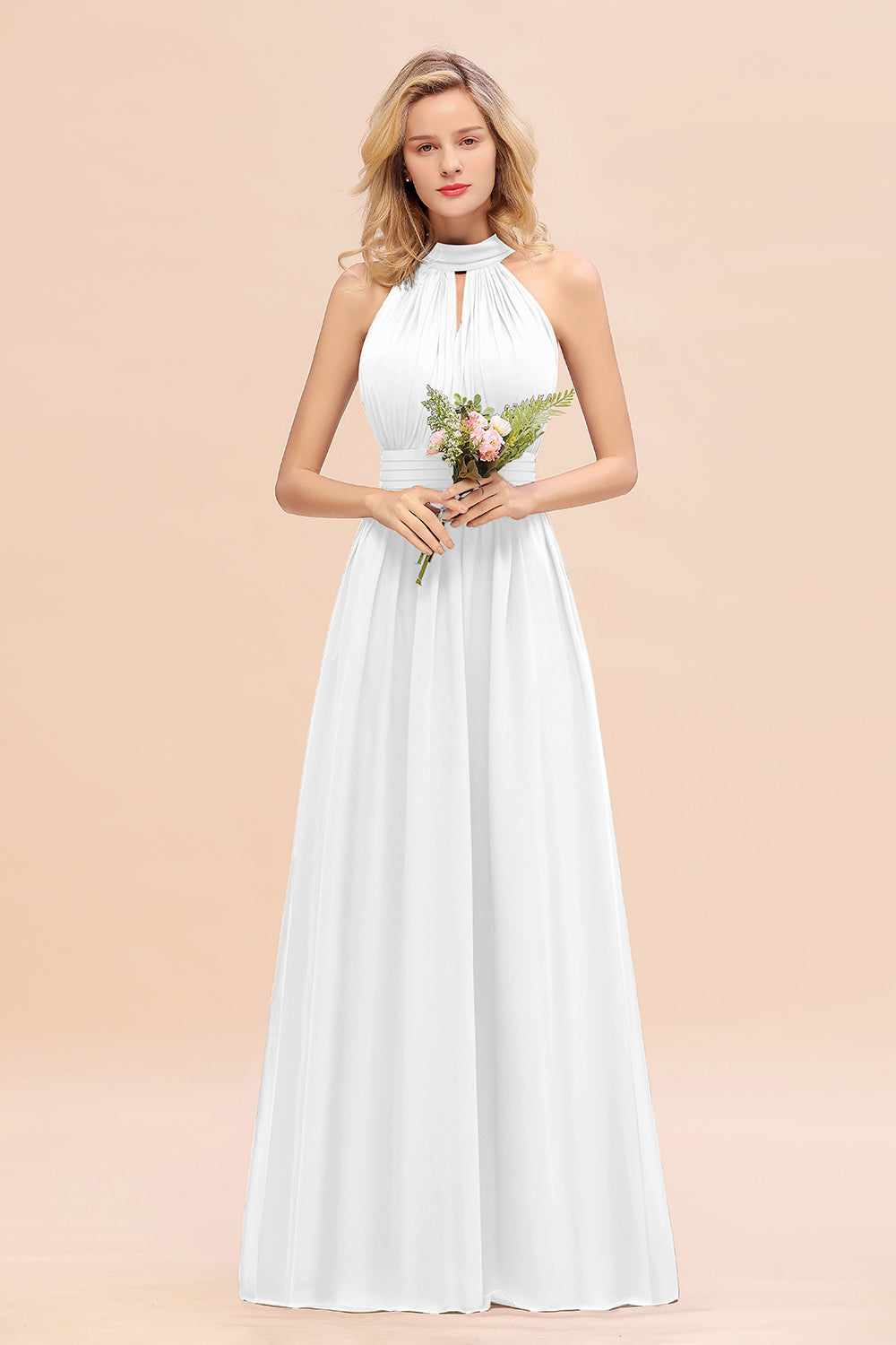 Glamorous High-Neck Halter Bridesmaid Affordable Dresses with Ruffle