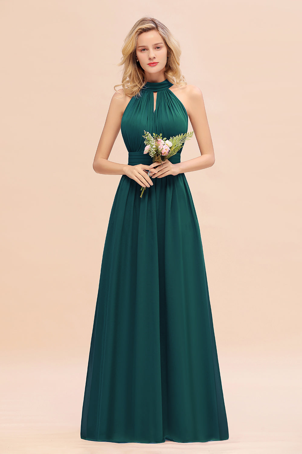 Glamorous High-Neck Halter Bridesmaid Affordable Dresses with Ruffle