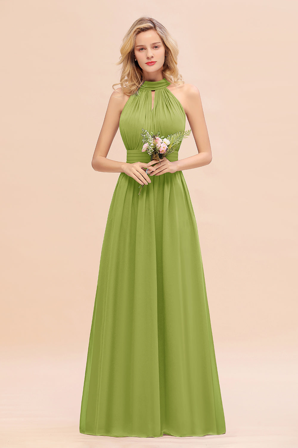 Glamorous High-Neck Halter Bridesmaid Affordable Dresses with Ruffle