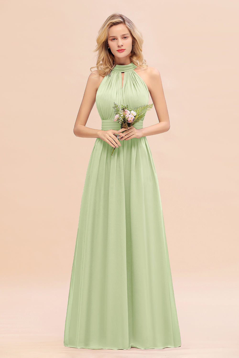 Glamorous High-Neck Halter Bridesmaid Affordable Dresses with Ruffle