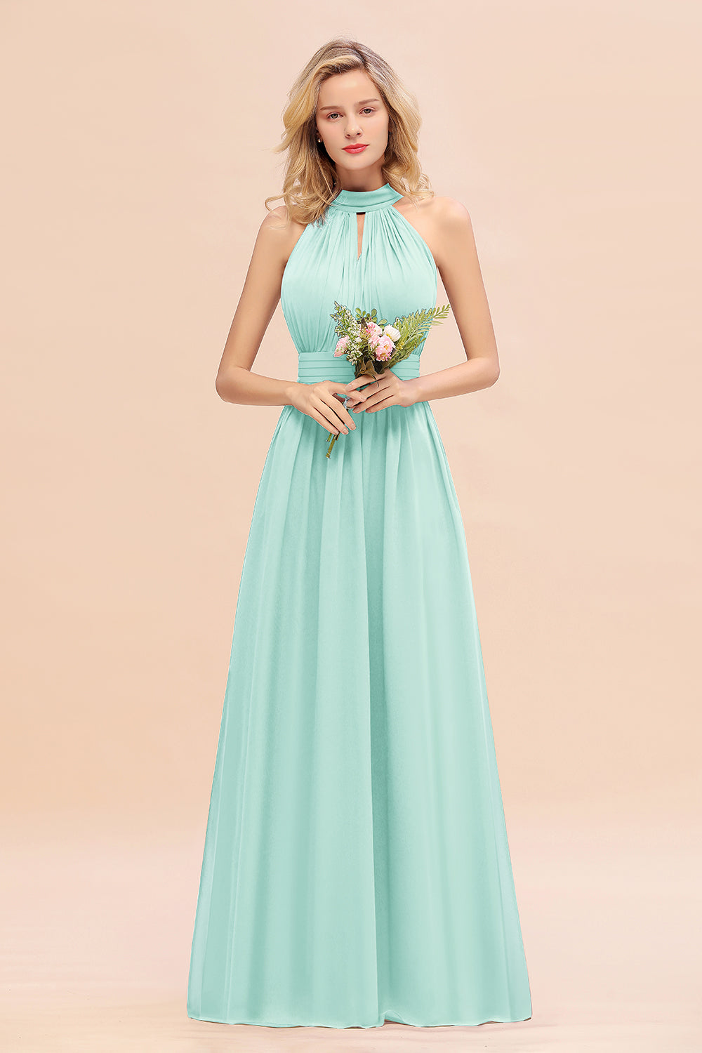 Glamorous High-Neck Halter Bridesmaid Affordable Dresses with Ruffle