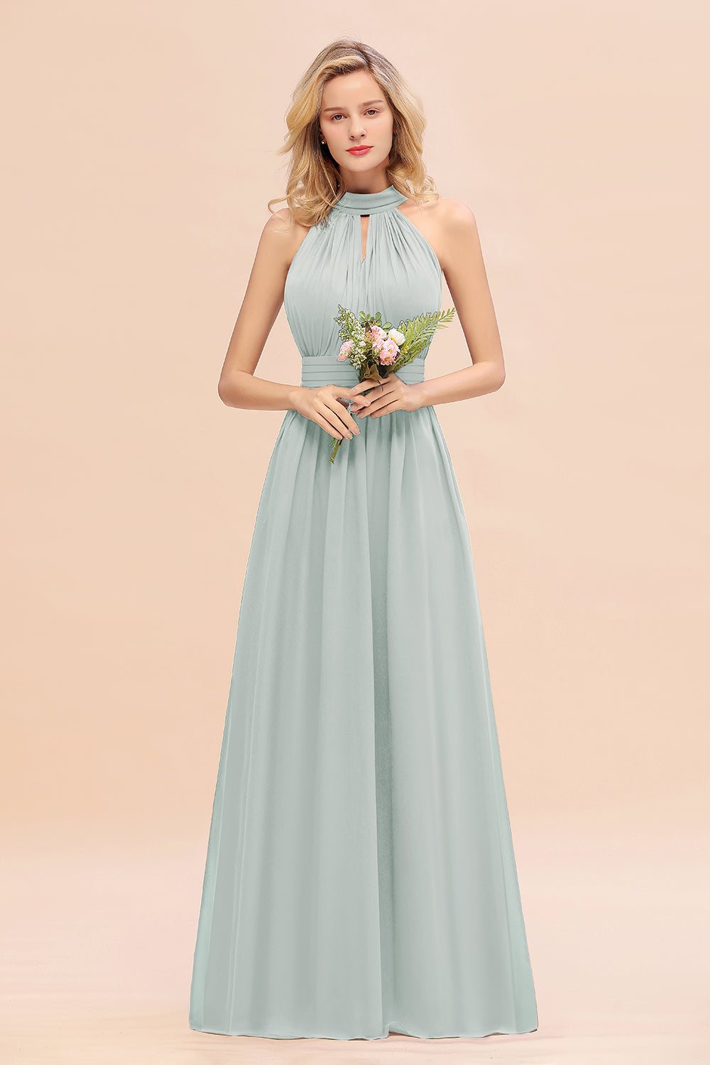 Glamorous High-Neck Halter Bridesmaid Affordable Dresses with Ruffle