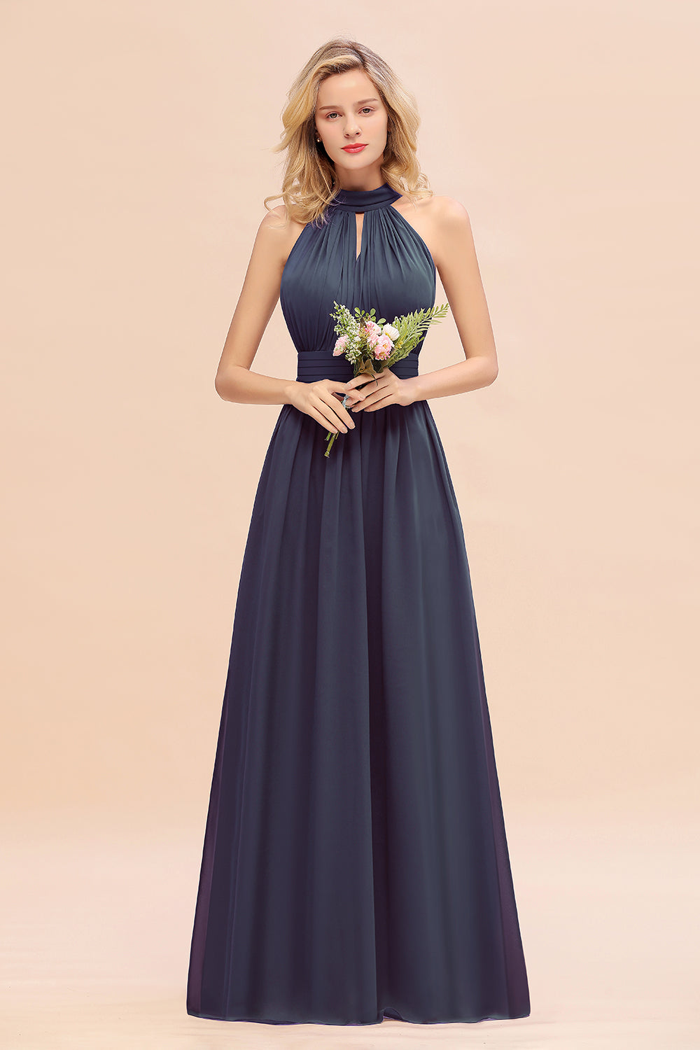 Glamorous High-Neck Halter Bridesmaid Affordable Dresses with Ruffle