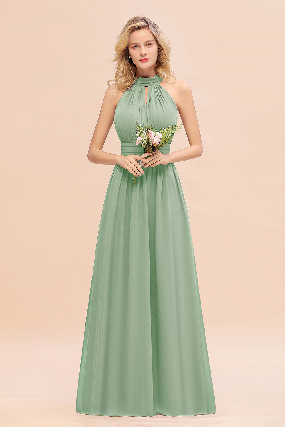 Glamorous High-Neck Halter Bridesmaid Affordable Dresses with Ruffle