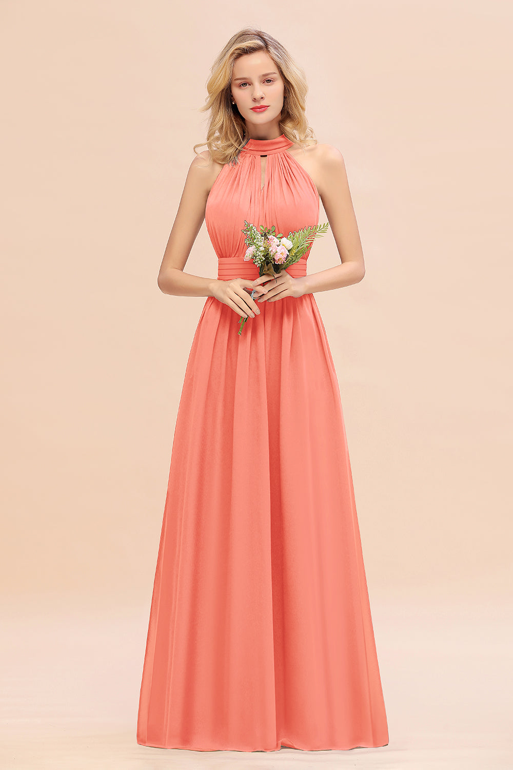 Glamorous High-Neck Halter Bridesmaid Affordable Dresses with Ruffle