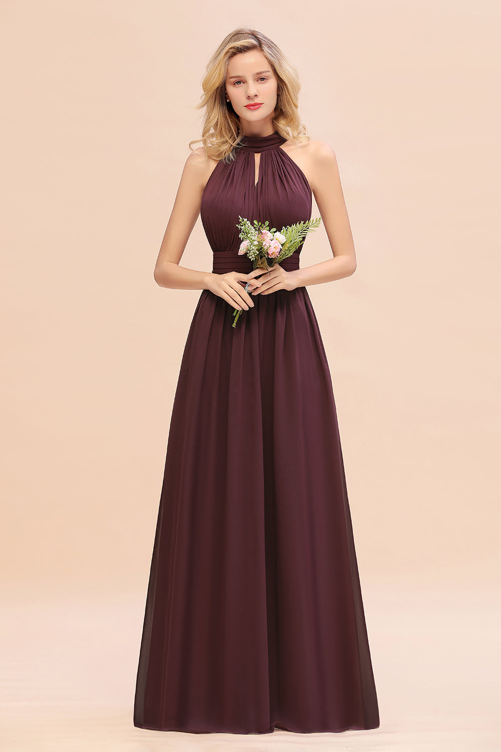 Glamorous High-Neck Halter Bridesmaid Affordable Dresses with Ruffle