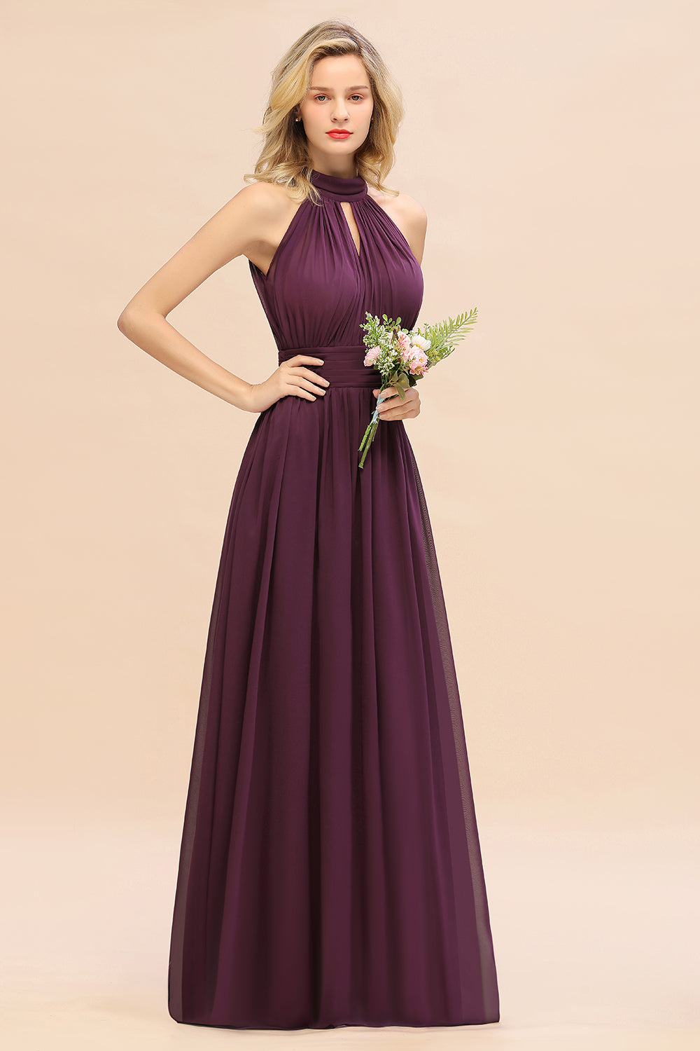 Glamorous High-Neck Halter Bridesmaid Affordable Dresses with Ruffle