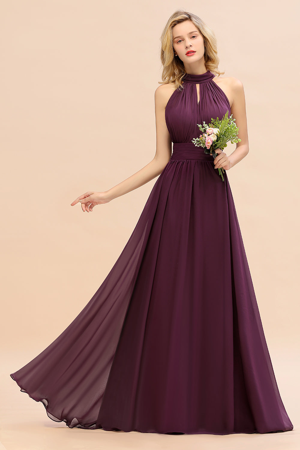 Glamorous High-Neck Halter Bridesmaid Affordable Dresses with Ruffle