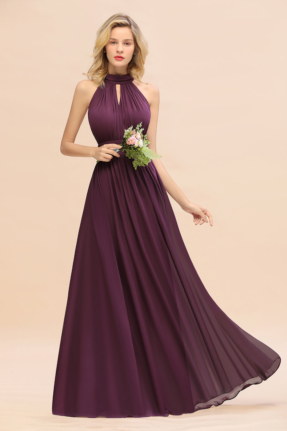 Glamorous High-Neck Halter Bridesmaid Affordable Dresses with Ruffle