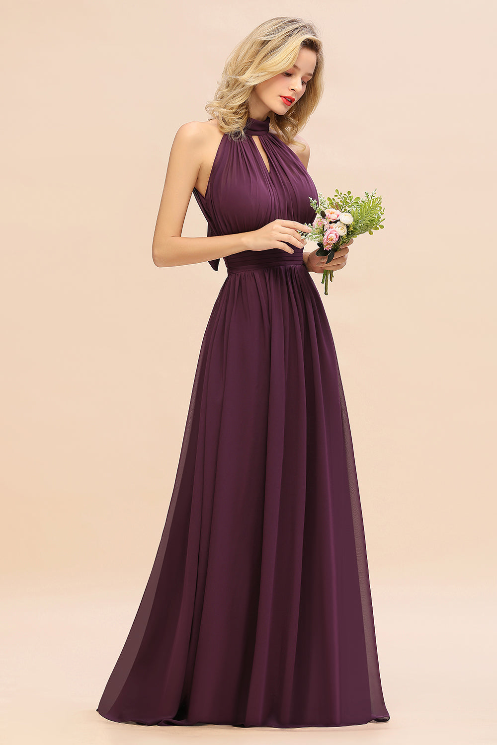 Glamorous High-Neck Halter Bridesmaid Affordable Dresses with Ruffle