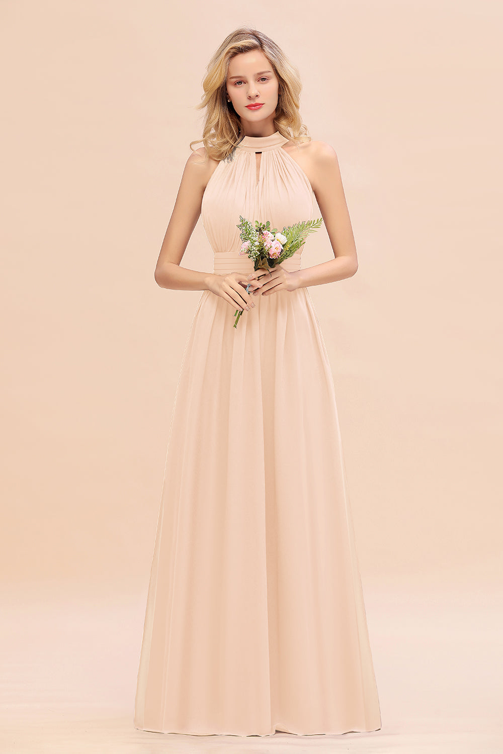 Glamorous High-Neck Halter Bridesmaid Affordable Dresses with Ruffle