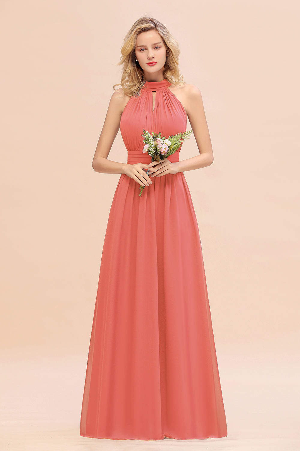 Glamorous High-Neck Halter Bridesmaid Affordable Dresses with Ruffle