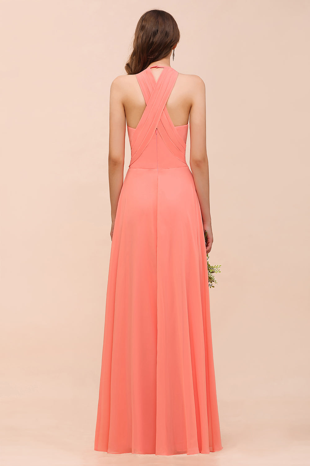 Glamorous V-Neck Coral Chiffon Bridesmaid Dresses Affordable with Ruffle