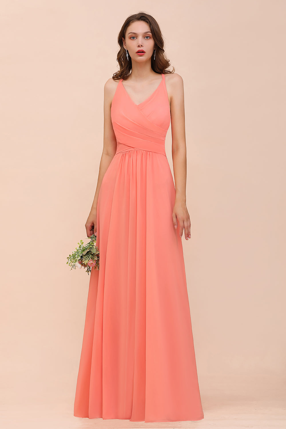 Glamorous V-Neck Coral Chiffon Bridesmaid Dresses Affordable with Ruffle