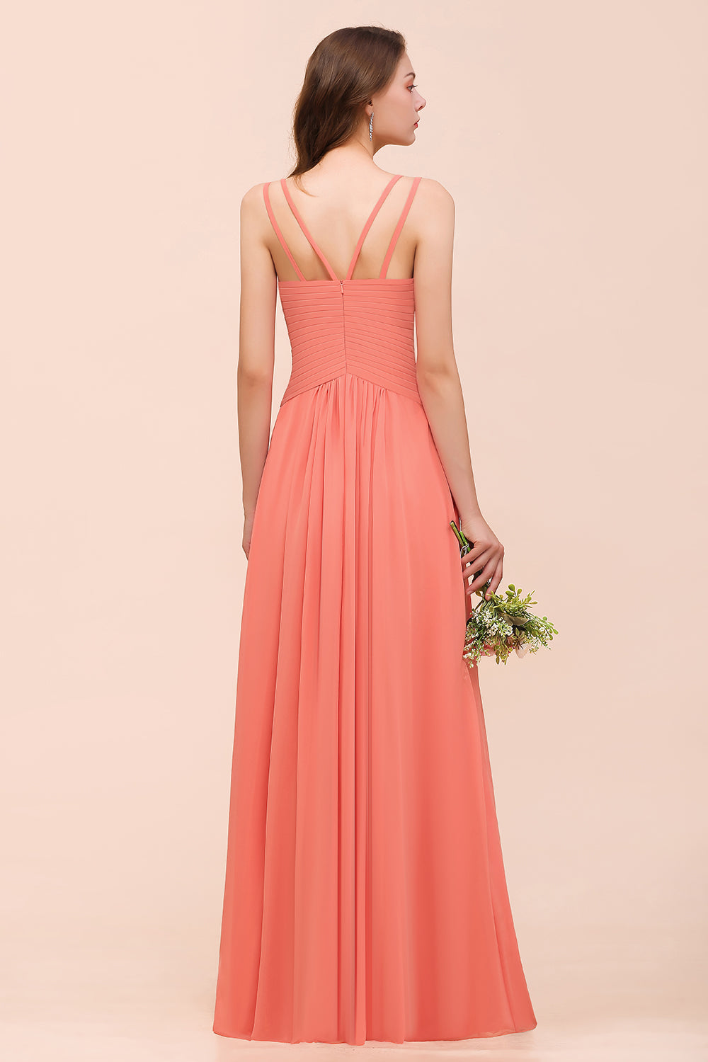 Glamorous V-Neck Ruffle Chiffon Long Bridesmaid Dresses With Slit