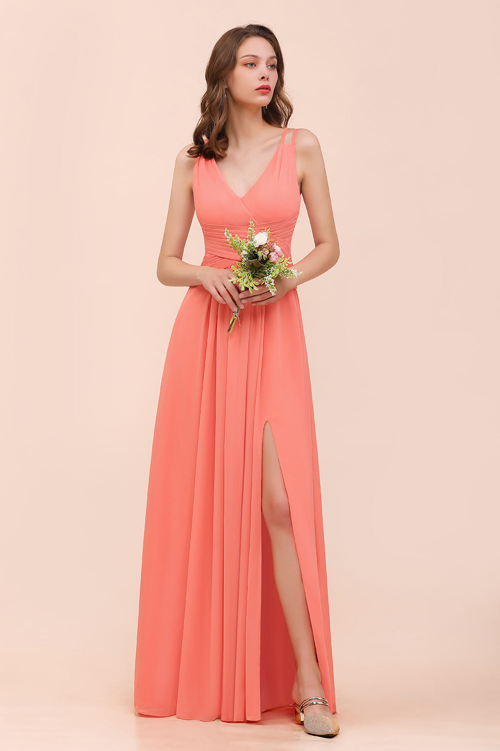 Glamorous V-Neck Ruffle Chiffon Long Bridesmaid Dresses With Slit