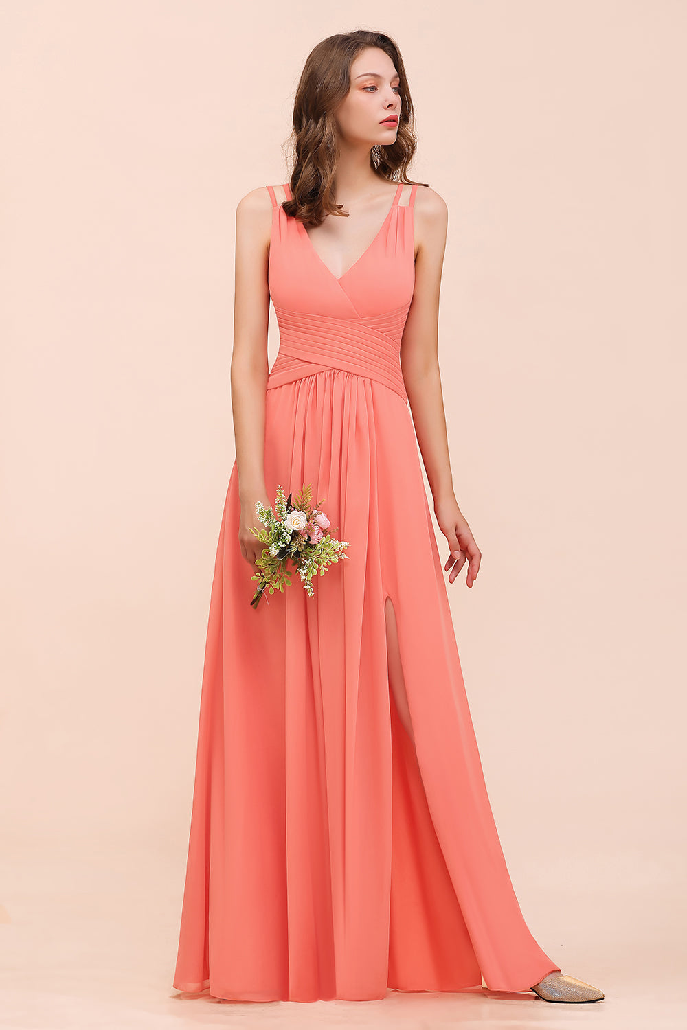 Glamorous V-Neck Ruffle Chiffon Long Bridesmaid Dresses With Slit