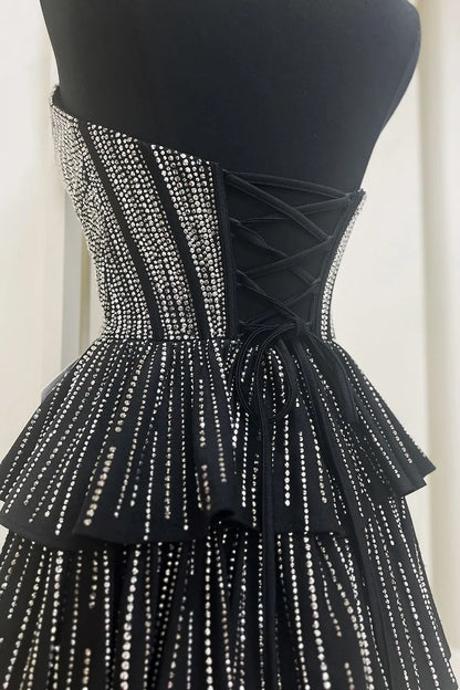 Deb | Glitter Black Strapless A-Line Corset Short Homecoming Dress with Beading