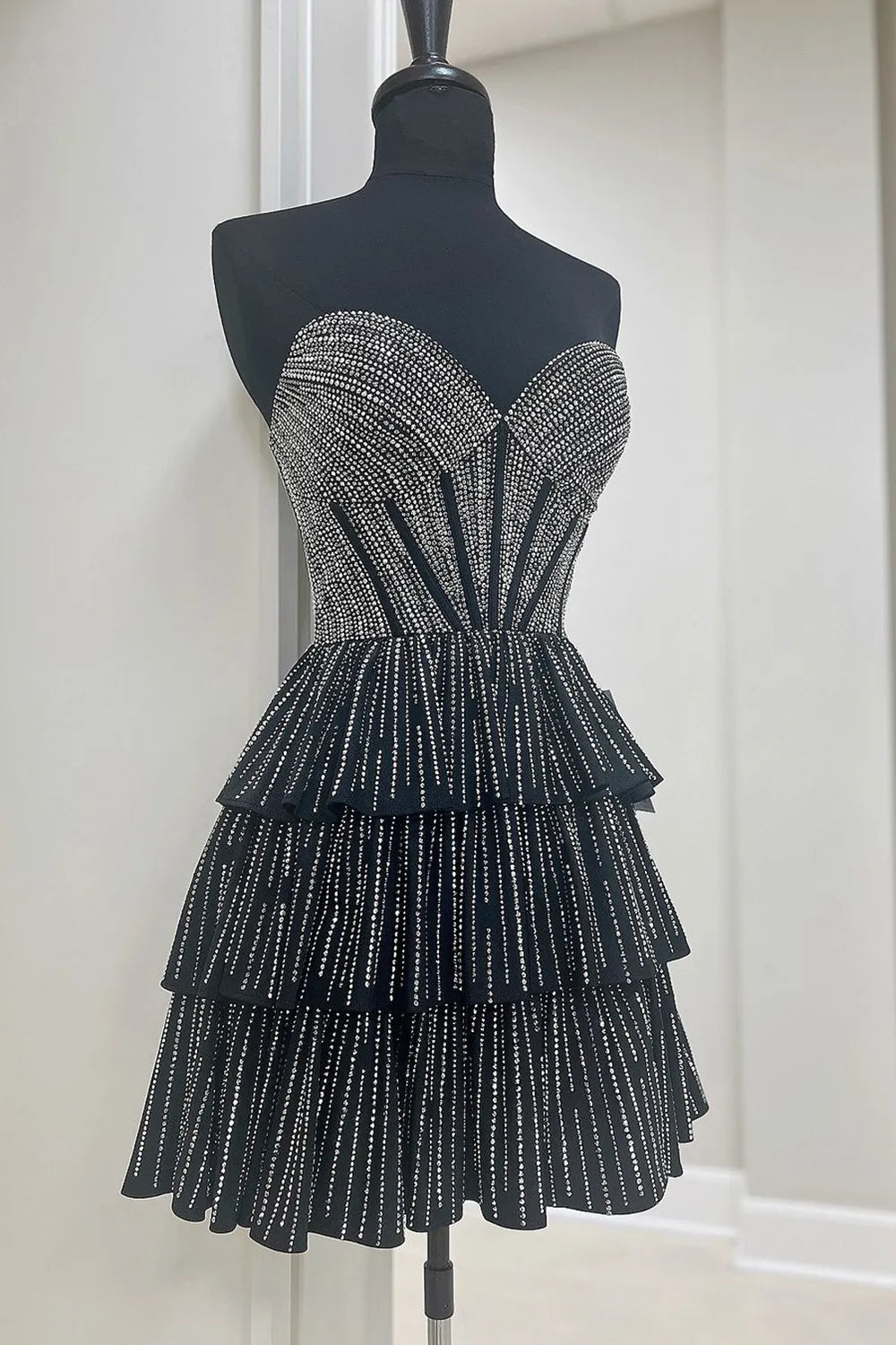 Deb | Glitter Black Strapless A-Line Corset Short Homecoming Dress with Beading