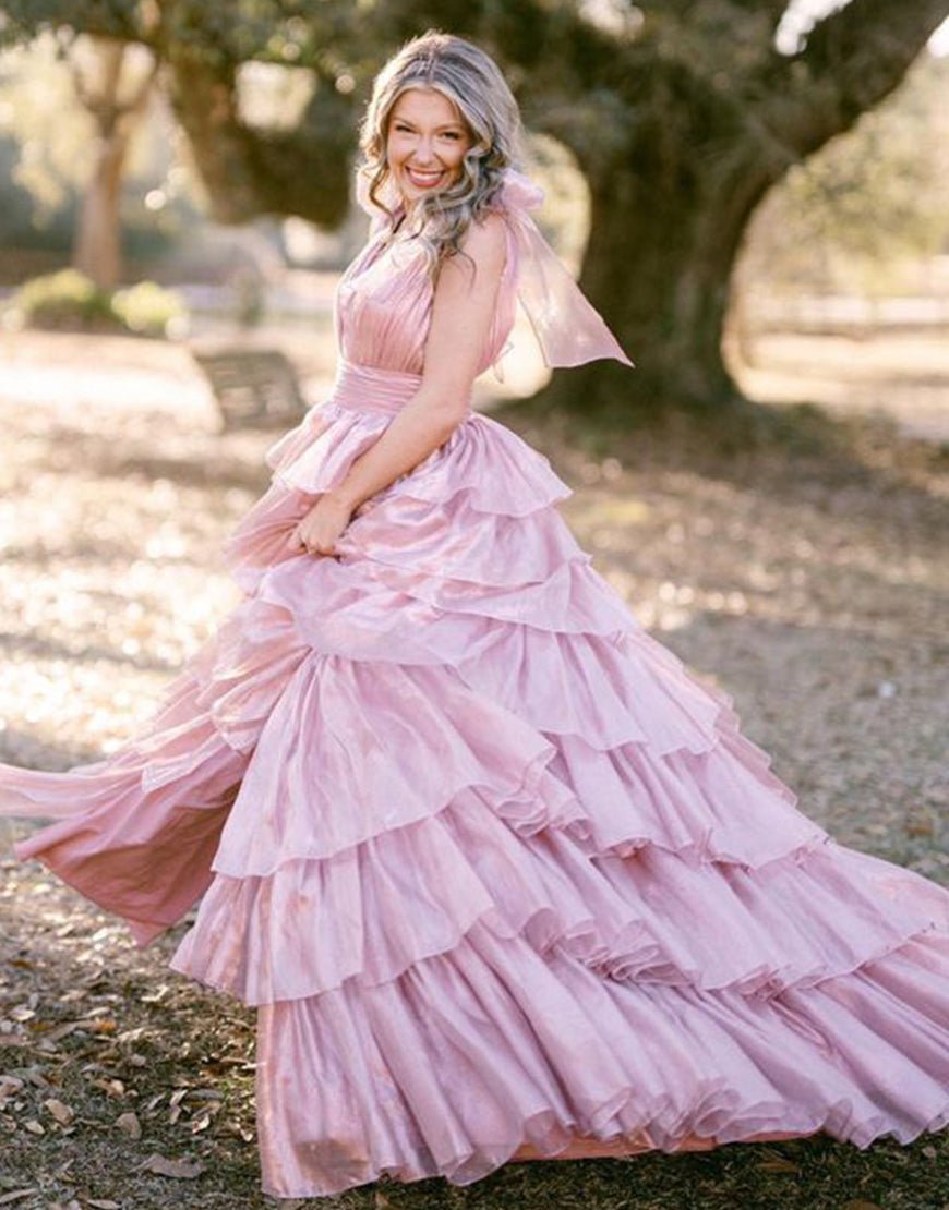 Glitter Tie Straps Pink Plunging Neck Tiered Long Prom Dress