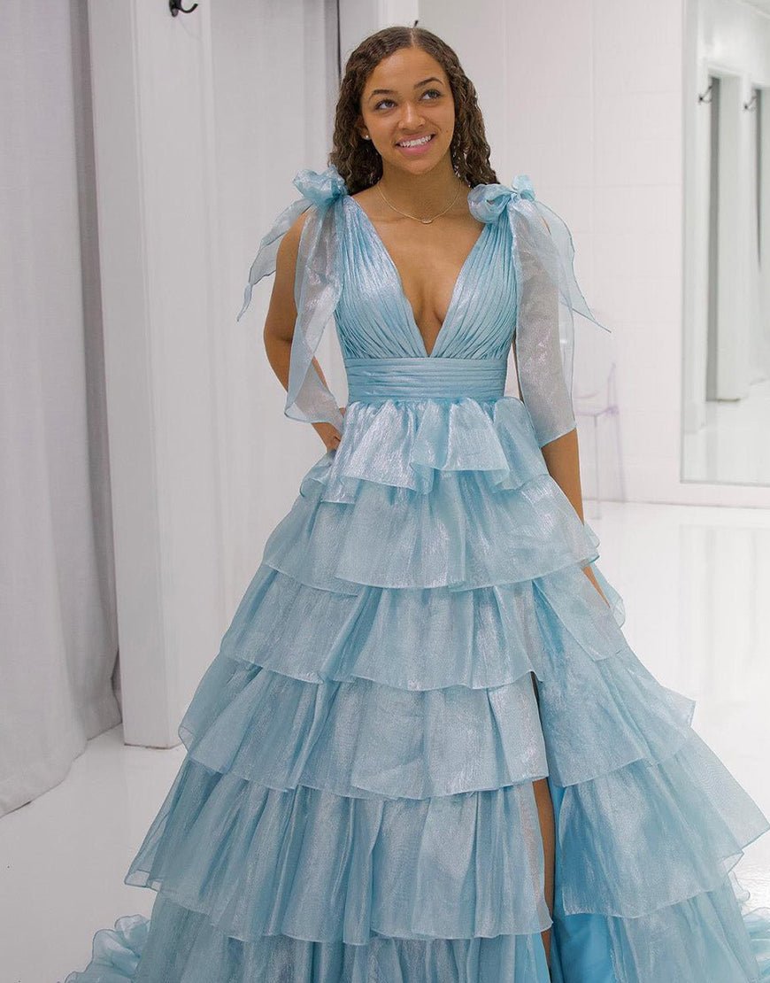 Glitter Tie Straps Pink Plunging Neck Tiered Long Prom Dress