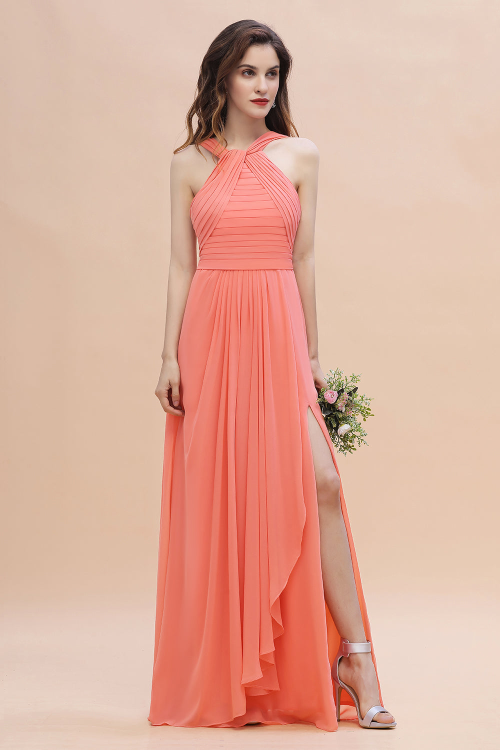 Gorgeous A-Line Sleeveless Coral Chiffon Bridesmaid Dresses with Ruffles On Sale