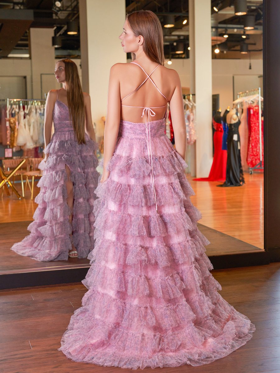 Sevoba|A Line Spaghetti Straps Printed Tulle Prom Dress with Ruffles