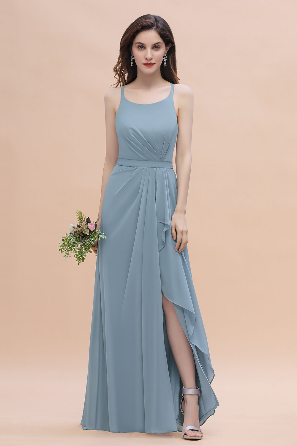 Gorgeous A-Line Straps Dusty Blue Chiffon Bridesmaid Dresses with Ruffles On Sale