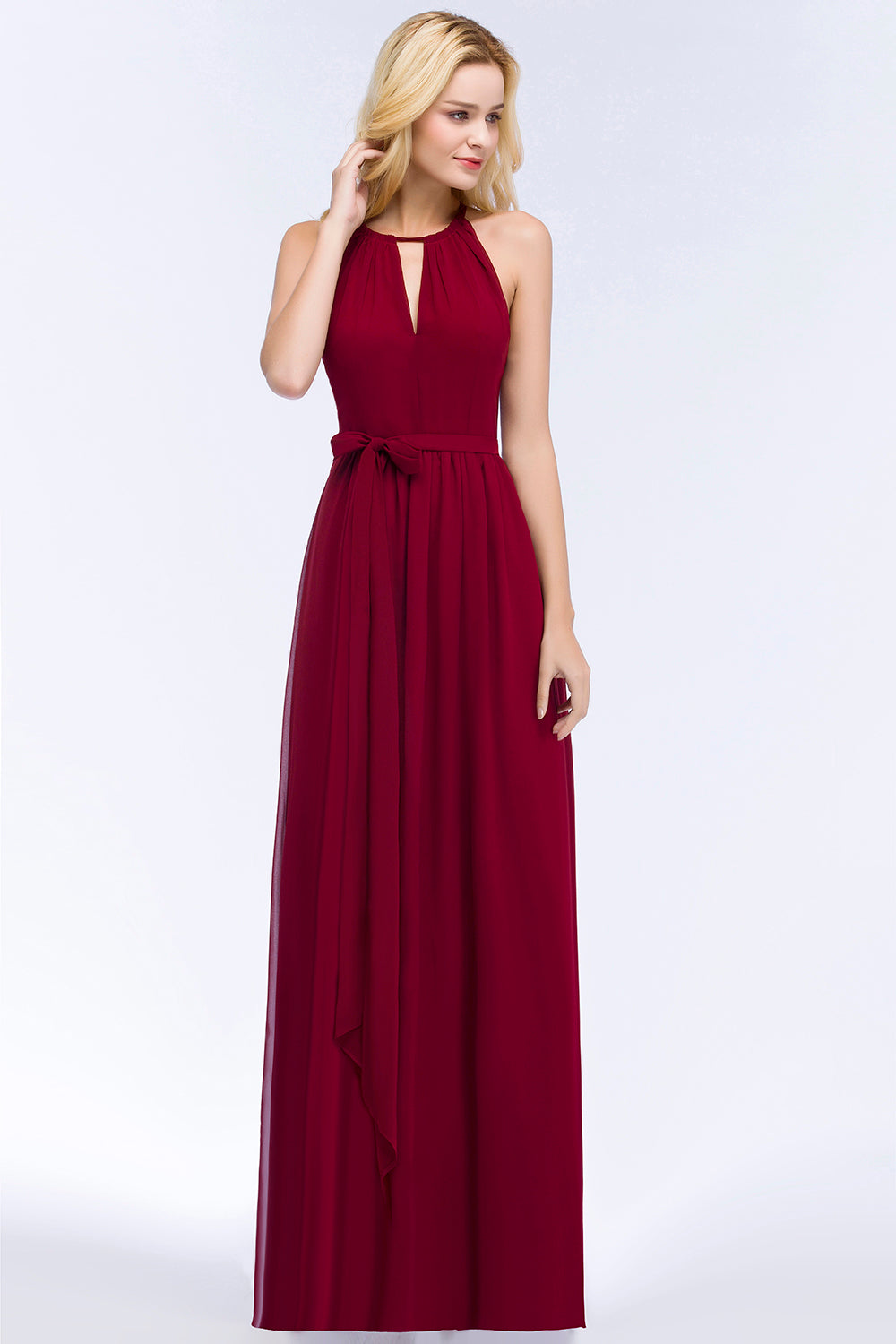 Gorgeous Chiffon Halter Deep V-Neck Burgundy Bridesmaid dresses Affordable