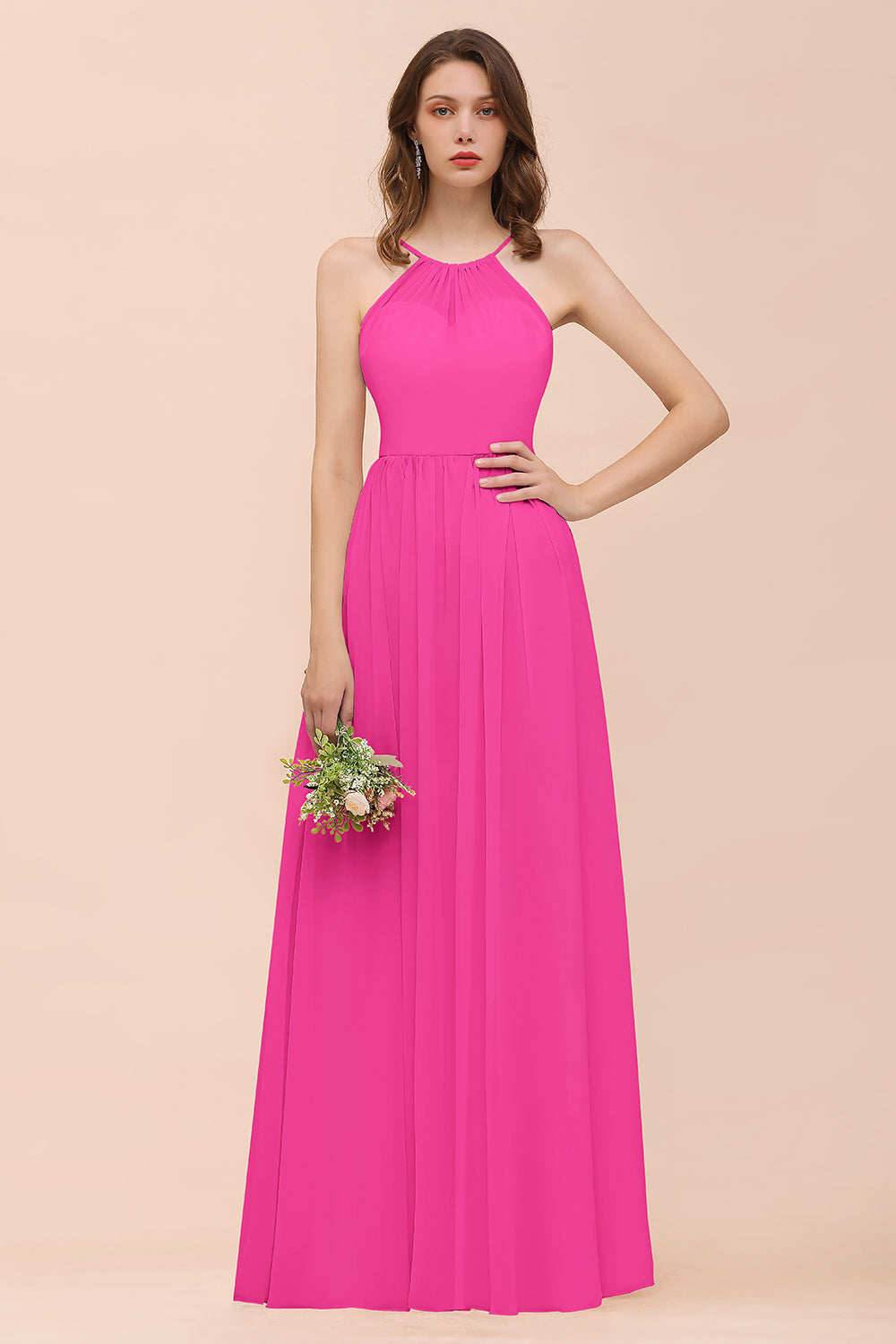 Gorgeous Chiffon Halter Ruffle Affordable Long Bridesmaid Dresses