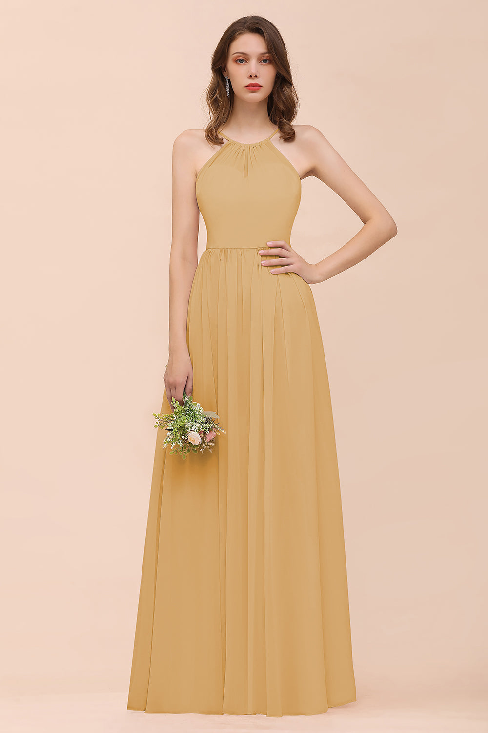 Gorgeous Chiffon Halter Ruffle Affordable Long Bridesmaid Dresses